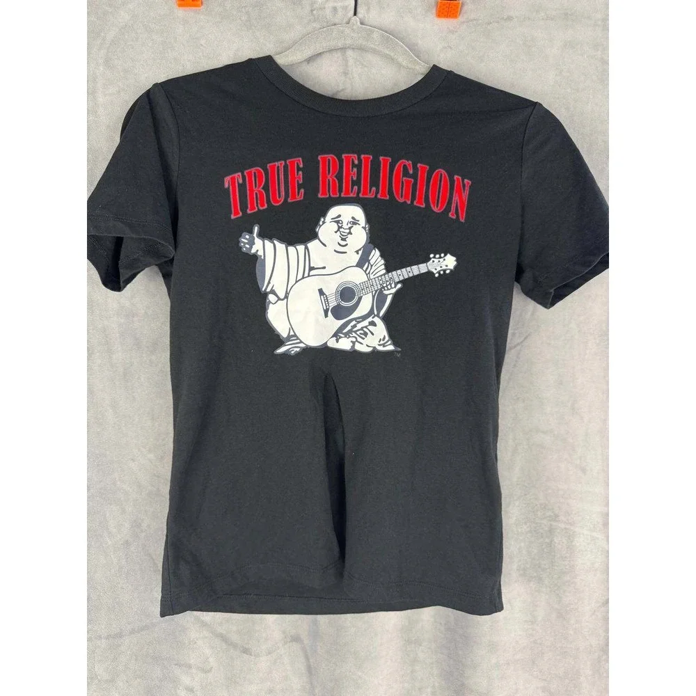 True Religion Graphic T-Shirt Buddha Guitar Black Deconstructed Size S